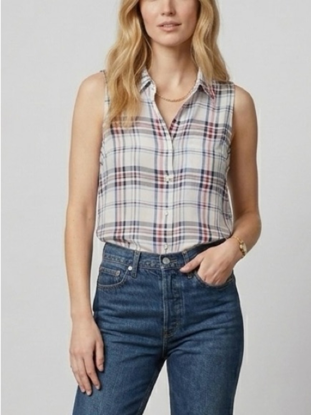 Equipment Femme Mina 100% Silk Red & Blue Plaid Button Down Sleeveless Shirt